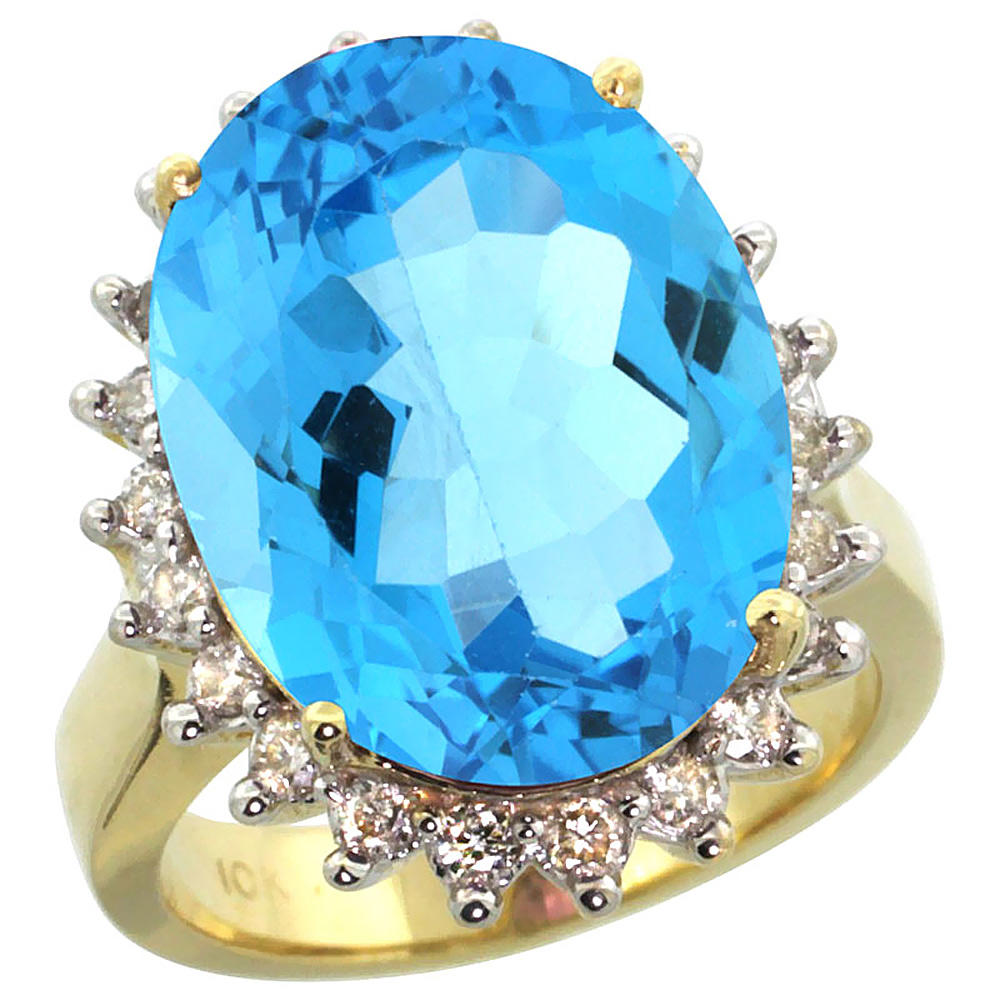 Sabrina Silver 10k Yellow Gold Diamond Halo Natural Blue Topaz Ring Large Oval 18x13mm, sizes 5-10