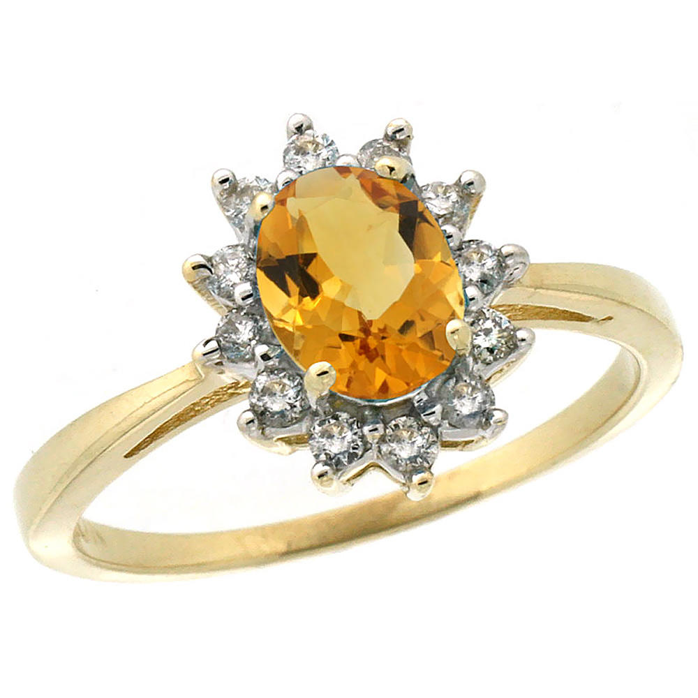 Sabrina Silver 10k Yellow Gold Natural Citrine Engagement Ring Oval 7x5mm Diamond Halo, sizes 5-10