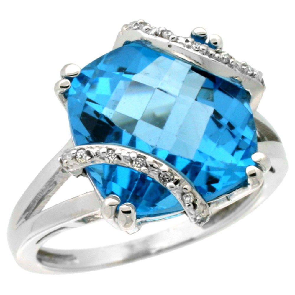 Sabrina Silver 14K White Gold Natural Swiss Blue Topaz Ring Cushion-cut 12x12mm Diamond Accent, sizes 5-10