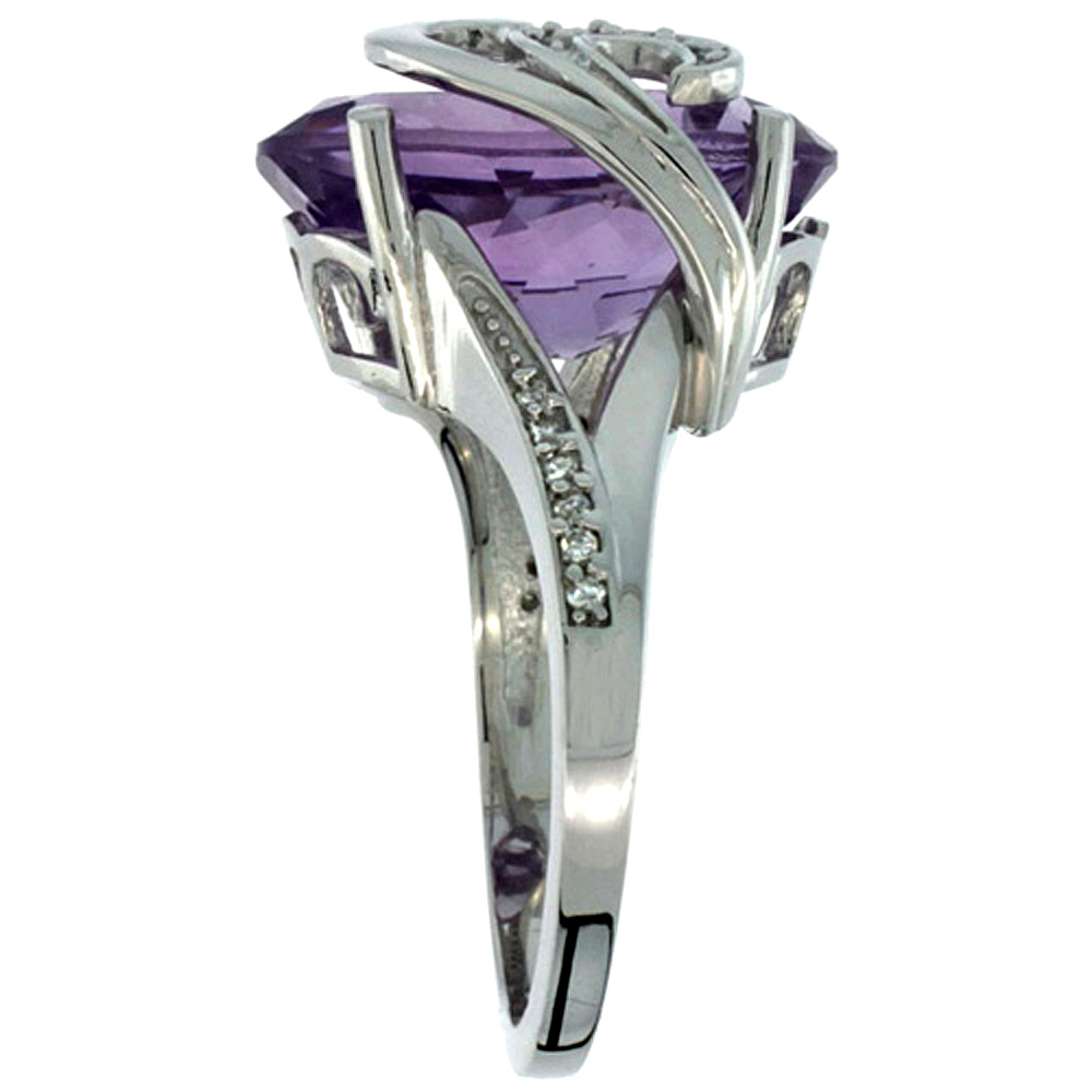 Sabrina Silver 14k White Gold Natural Amethyst Ring 16x12 mm Oval Shape Diamond Accent, 5/8 inch wide
