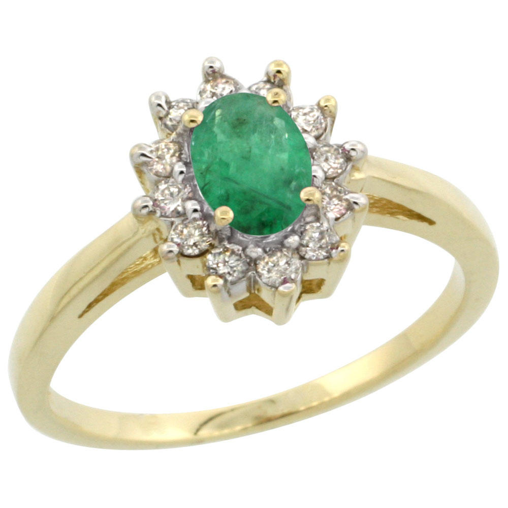 Sabrina Silver 10K Yellow Gold Natural Emerald Flower Diamond Halo Ring Oval 6x4 mm, sizes 5 10