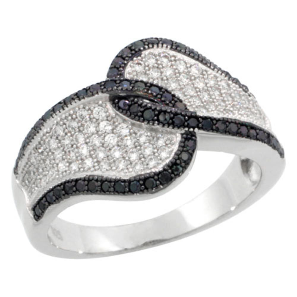 Sabrina Silver Sterling Silver Cubic Zirconia Micro Pave Criss Cross Tear Drop Band Black & White Stones, Sizes 6 to 9