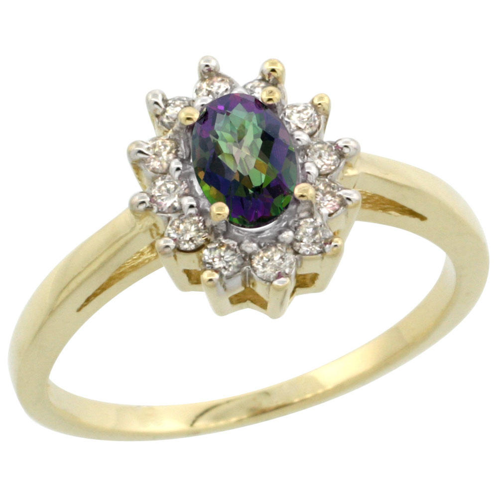 Sabrina Silver 14K Yellow Gold Natural Mystic Topaz Flower Diamond Halo Ring Oval 6x4 mm, sizes 5-10