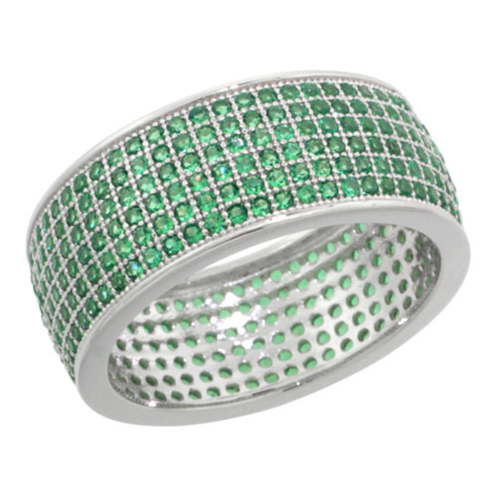 Sabrina Silver Sterling Silver Cubic Zirconia Micro Pave 6-Row Eternity Band Ring Green Stones, Sizes 6 to 9
