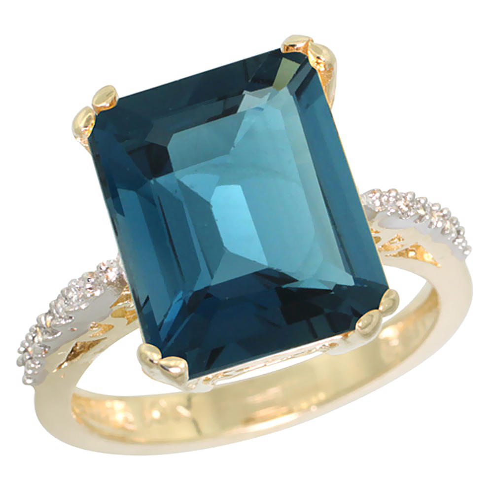 Sabrina Silver 10K Yellow Gold Diamond Natural London Blue Topaz Ring Emerald-cut 12x10mm, sizes 5-10