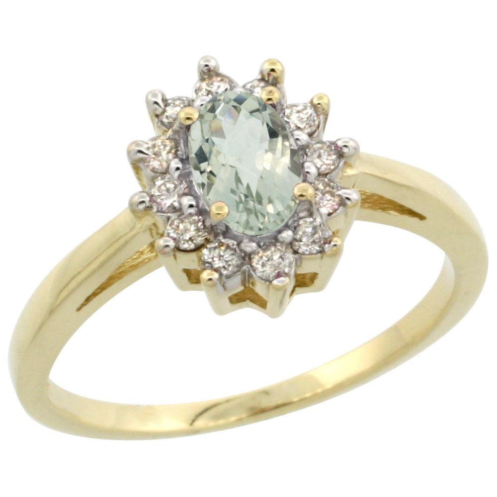 Sabrina Silver 14K Yellow Gold Natural Green Amethyst Flower Diamond Halo Ring Oval 6x4 mm, sizes 5-10