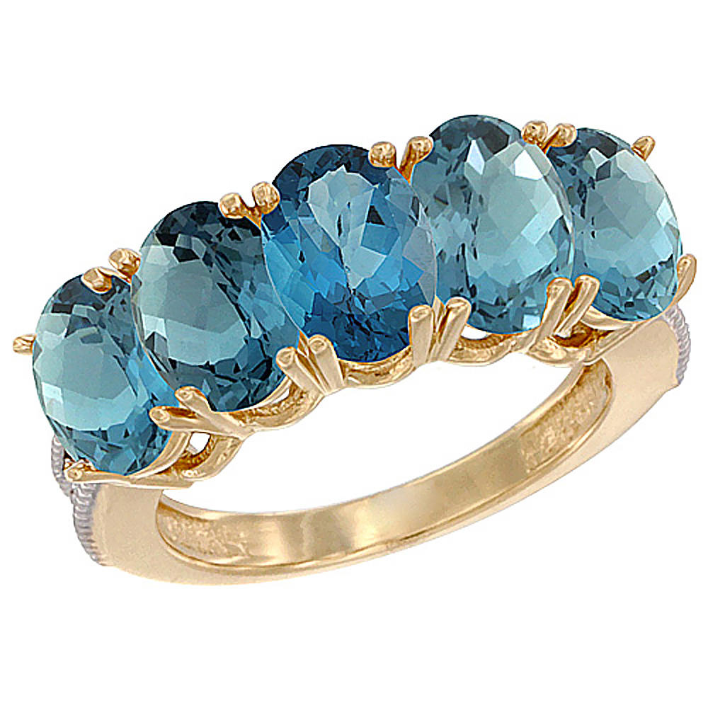 Sabrina Silver 10K Yellow Gold Natural London Blue Topaz 1 ct. Oval 7x5mm 5-Stone Mother"s Ring with Diamond Accents, sizes 5 to 10 with half s