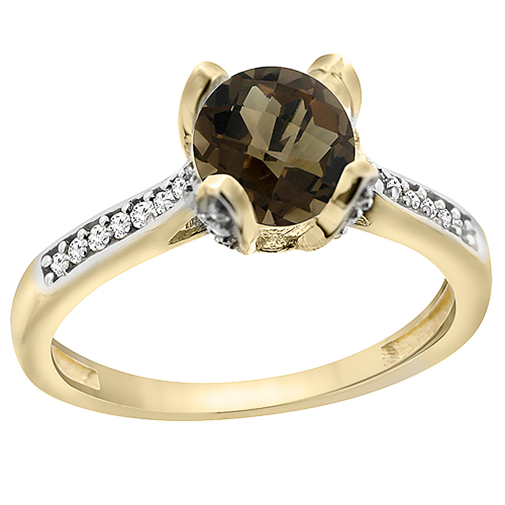 Sabrina Silver 14K Yellow Gold Diamond Natural Smoky Topaz Engagement Ring Round 7mm, sizes 5 to 10 with half sizes