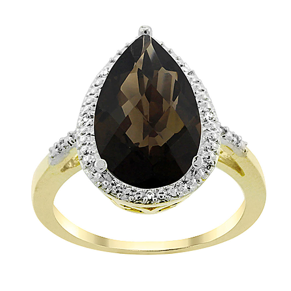 Sabrina Silver 10K Yellow Gold Natural Smoky Topaz Ring Pear Shape 10x15 mm Diamond Accent, sizes 5 - 10