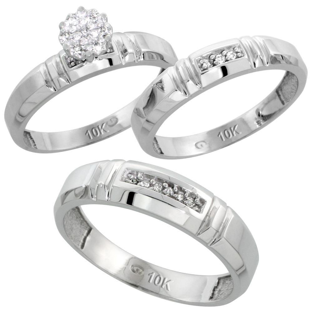 Sabrina Silver 10k White Gold Diamond Trio Engagement Wedding Ring Set for Him and Her 3-piece 4.5 mm & 4 mm wide 0.10 cttw Brilliant Cut, ladi