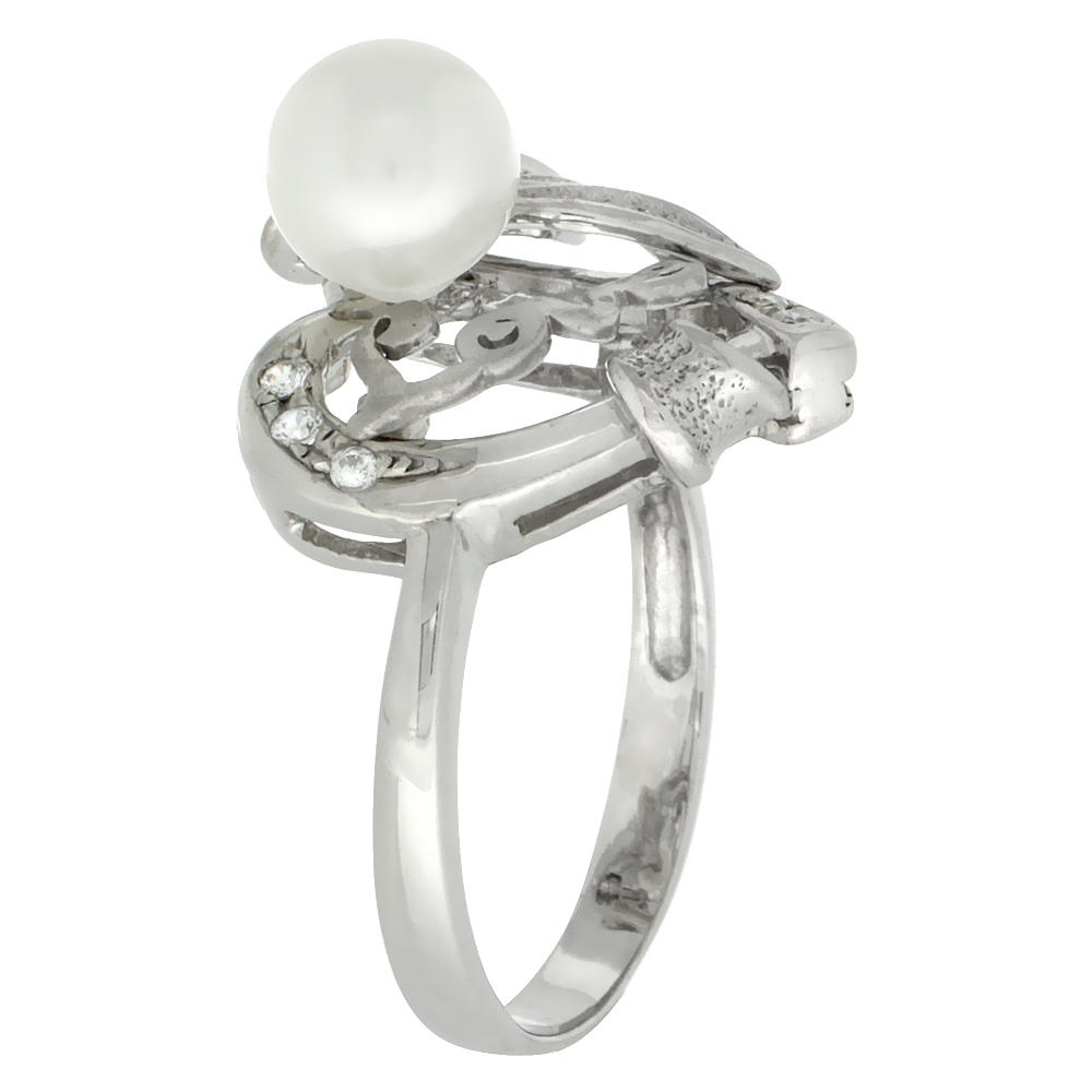 Sabrina Silver Sterling Silver Heart LOVE Bow Faux Pearl Ring CZ stones Rhodium Finished, 23/32 inch wide, sizes 5 - 8