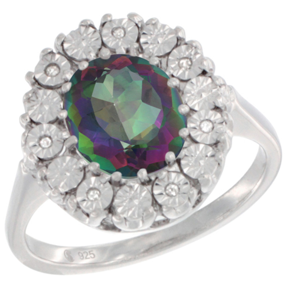 Sabrina Silver Sterling Silver Natural Mystic Topaz Ring Oval 9x7, Diamond Accent, sizes 5 - 10