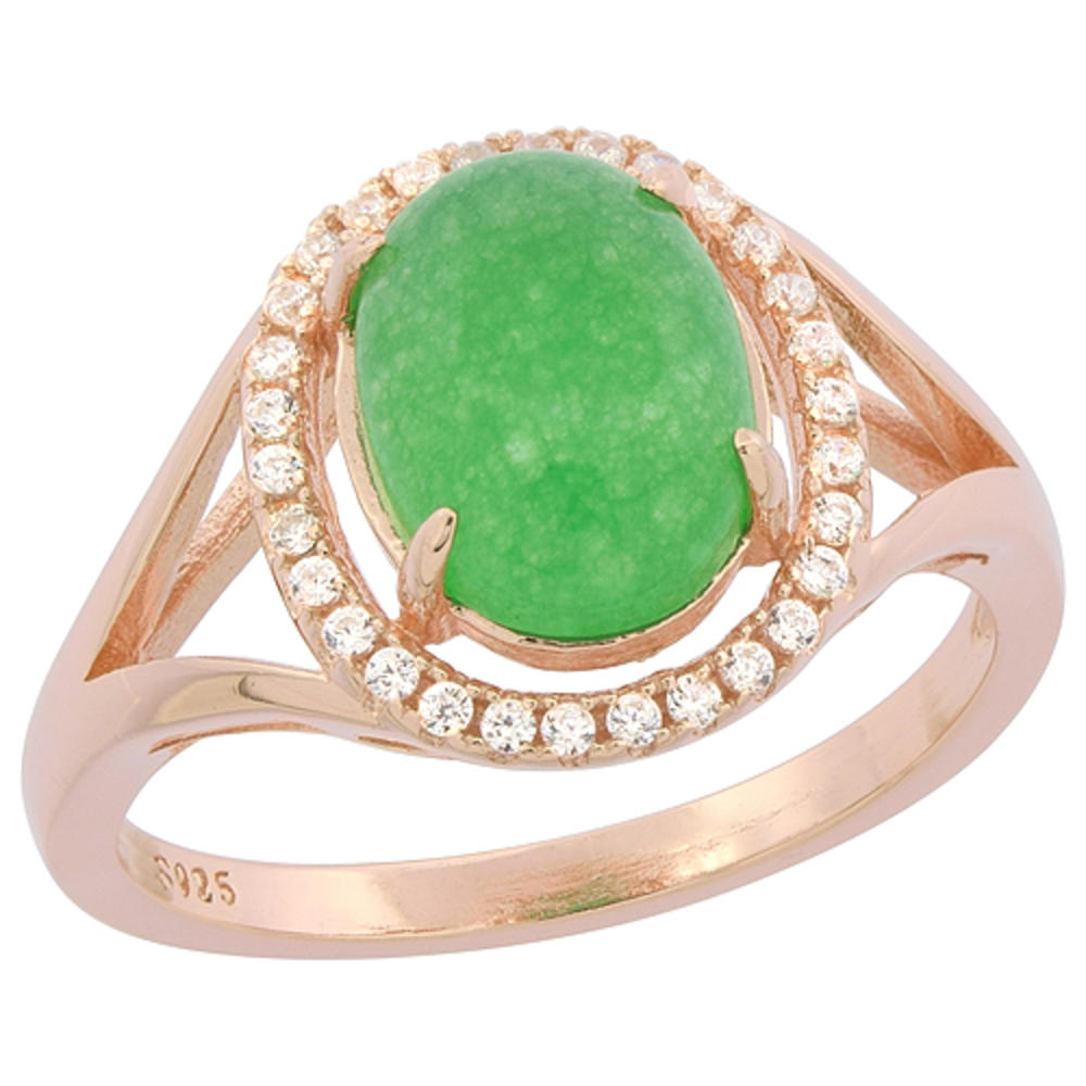 Sabrina Silver Sterling Silver Oval Green Serpentine Micro Pave CZ Halo Ring Rose Gold Finish, 1/2 inch wide, sizes 6 - 9