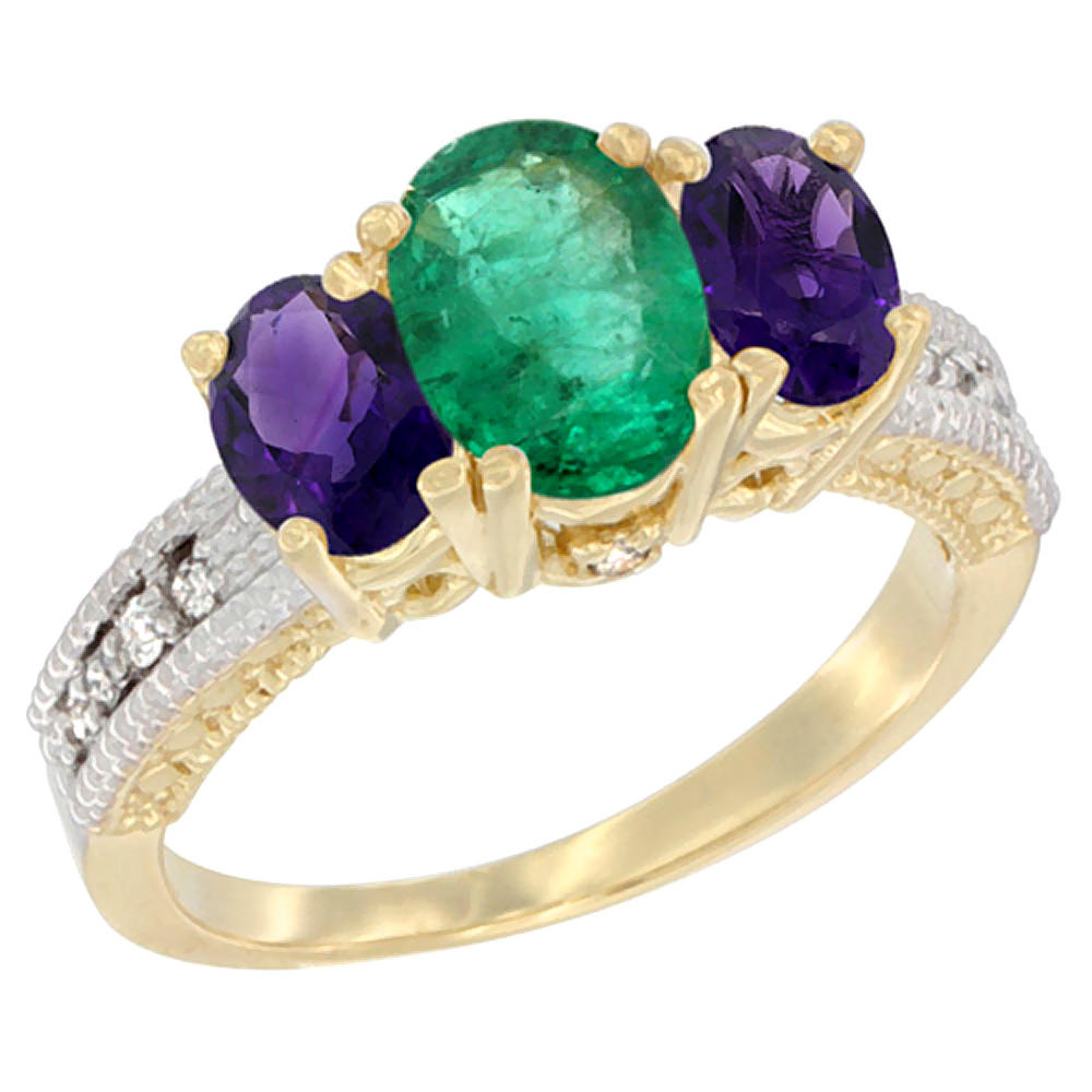 Sabrina Silver 10K Yellow Gold Diamond Natural Emerald Ring Oval 3-stone with Amethyst, sizes 5 - 10