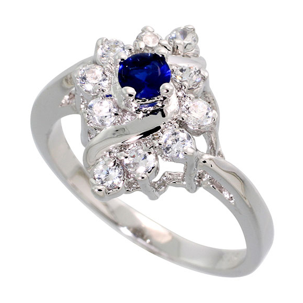 Sabrina Silver Sterling Silver Blue Sapphire Cubic Zirconia Ring Diamond Shape Rhodium finish, sizes 5 - 9