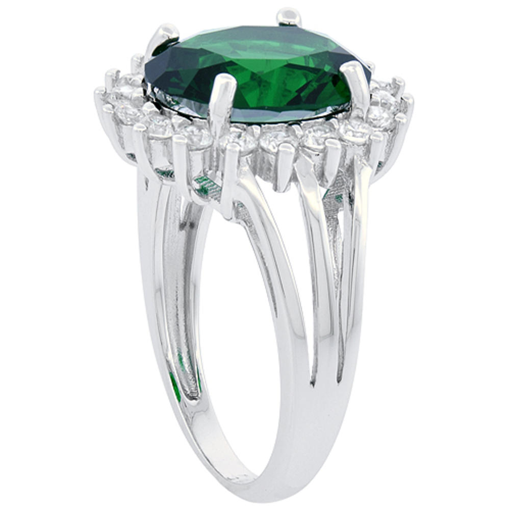 Sabrina Silver Sterling Silver Oval Emerald Ring Sunburst CZ Rhodium Finish, 11/16 inch wide, sizes 6 - 9