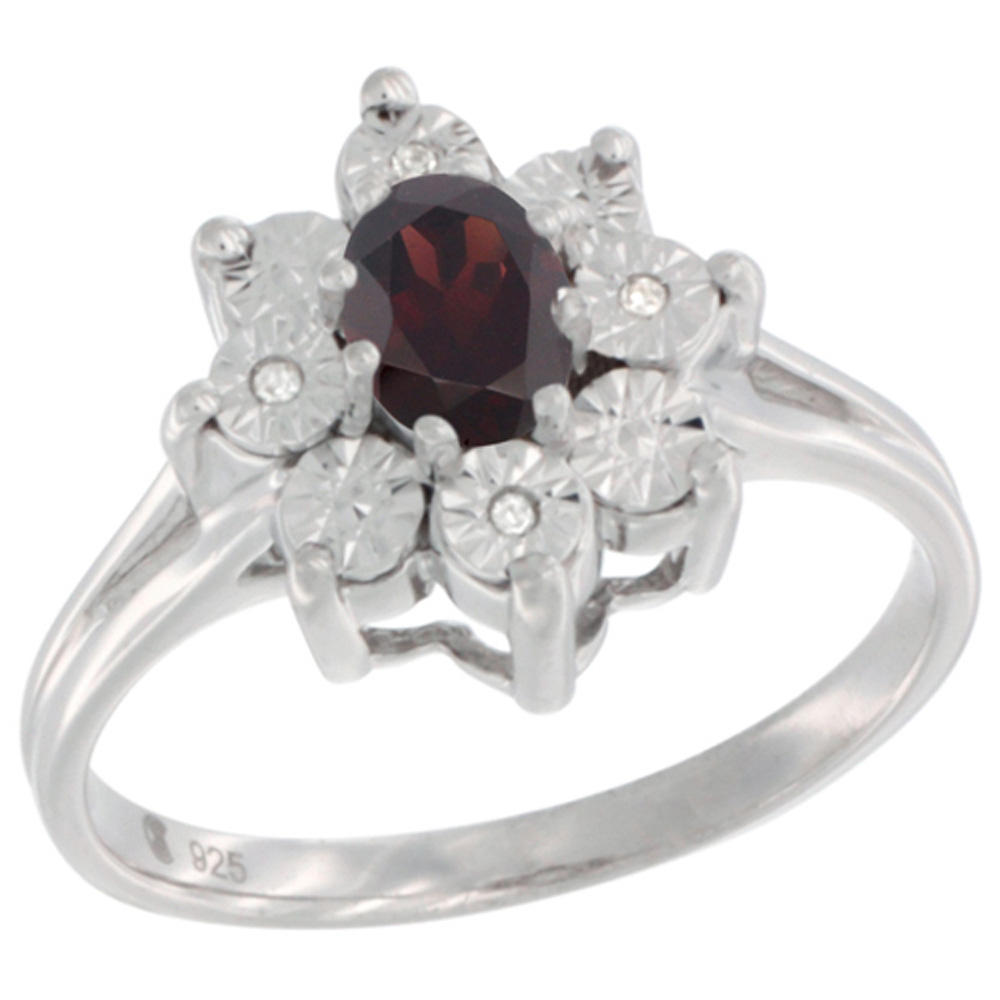 Sabrina Silver Sterling Silver Natural Garnet Ring Oval 6x4, Diamond Accent, sizes 5 - 10