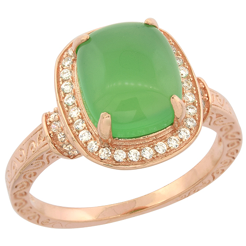 Sabrina Silver Sterling Silver Emerald cut Green Serpentine Ring Swirl and CZ Accents Rose Gold Finish, 17/32 inch wide, sizes 6 - 9