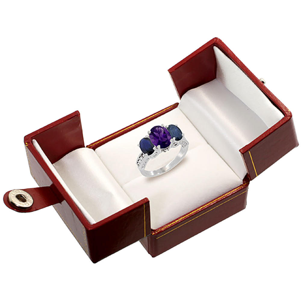 Sabrina Silver 10K White Gold Diamond Natural Amethyst Ring 3-Stone Oval 8x6mm with Blue Sapphire, sizes5-10