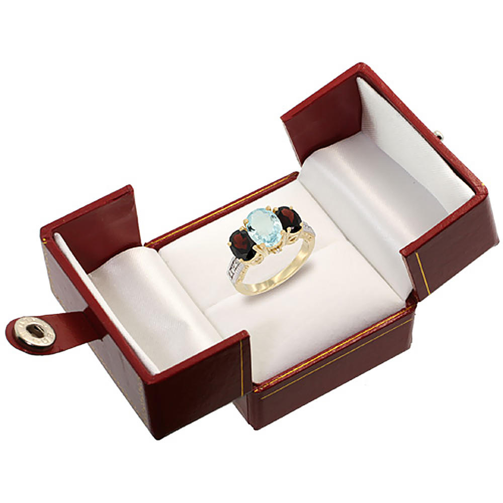 Sabrina Silver 10K Yellow Gold Diamond Natural Aquamarine Ring 3-Stone Oval 8x6mm with Garnet, sizes5-10