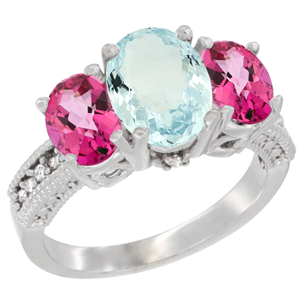 Sabrina Silver 10K White Gold Diamond Natural Aquamarine Ring 3-Stone Oval 8x6mm with Pink Topaz, sizes5-10