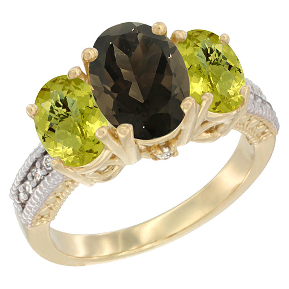 Sabrina Silver 10K Yellow Gold Diamond Natural Smoky Topaz Ring 3-Stone Oval 8x6mm with Lemon Quartz, sizes5-10