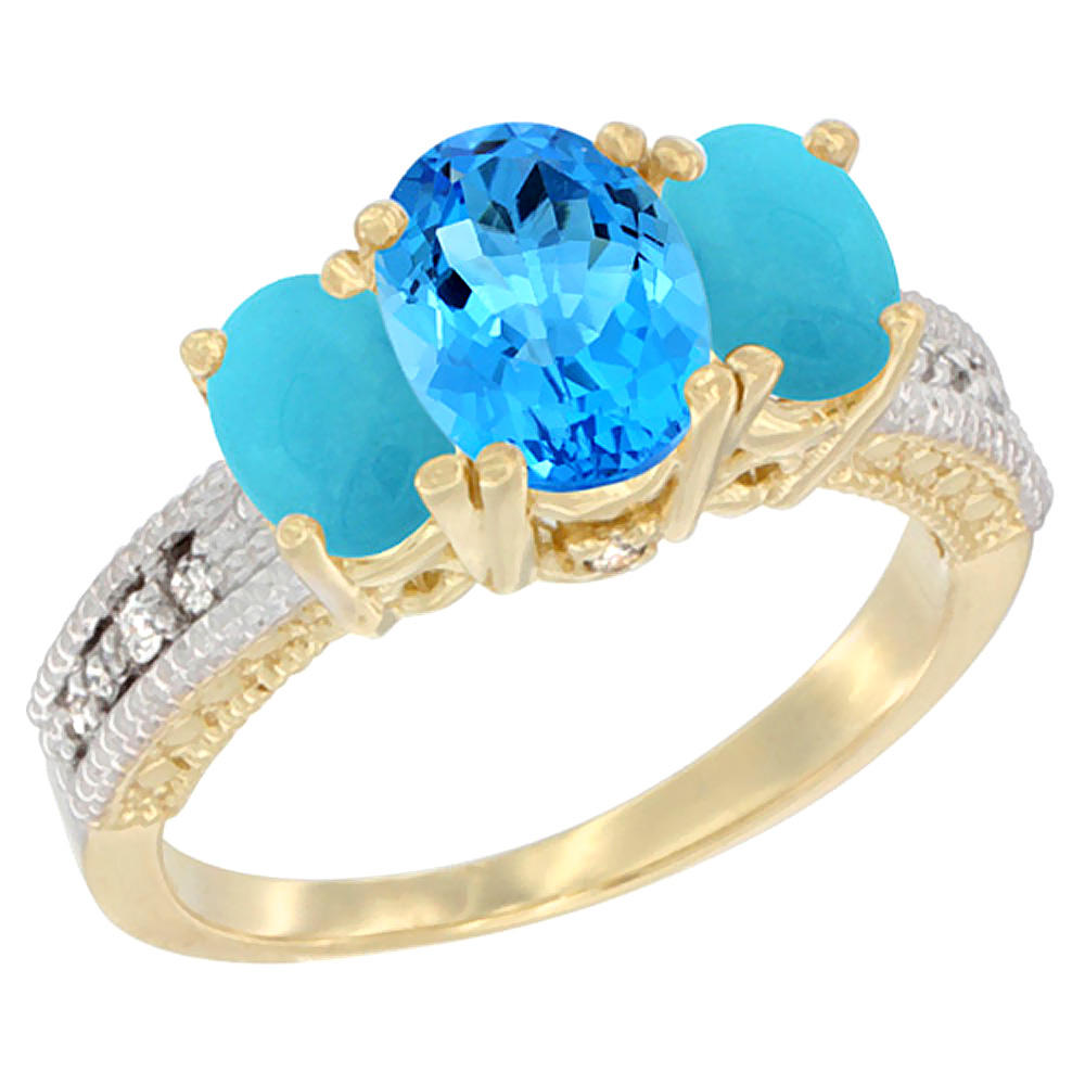 Sabrina Silver 10K Yellow Gold Diamond Natural Swiss Blue Topaz Ring Oval 3-stone with Turquoise, sizes 5 - 10