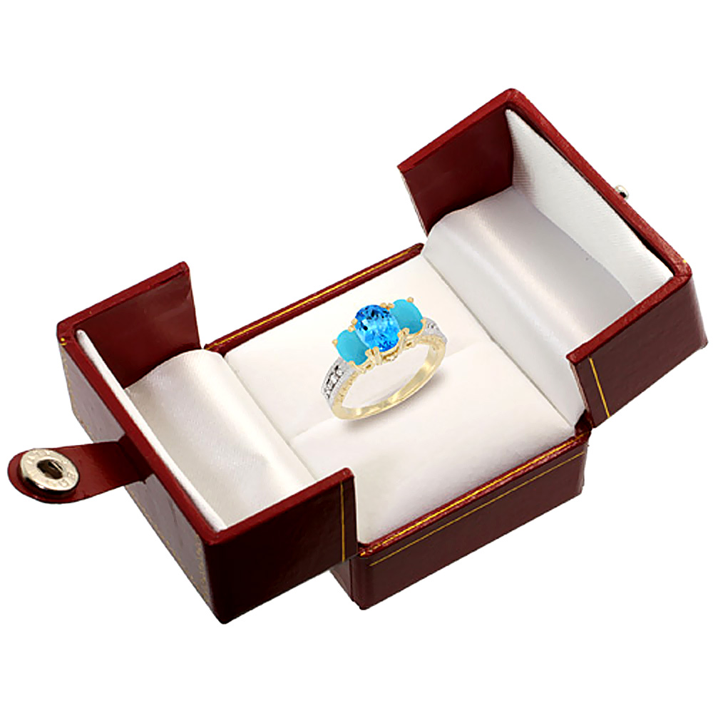 Sabrina Silver 10K Yellow Gold Diamond Natural Swiss Blue Topaz Ring Oval 3-stone with Turquoise, sizes 5 - 10