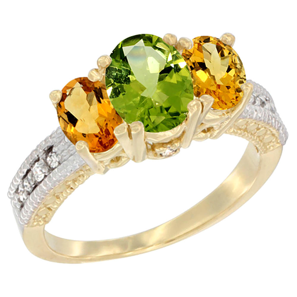 Sabrina Silver 10K Yellow Gold Diamond Natural Peridot Ring Oval 3-stone with Citrine, sizes 5 - 10