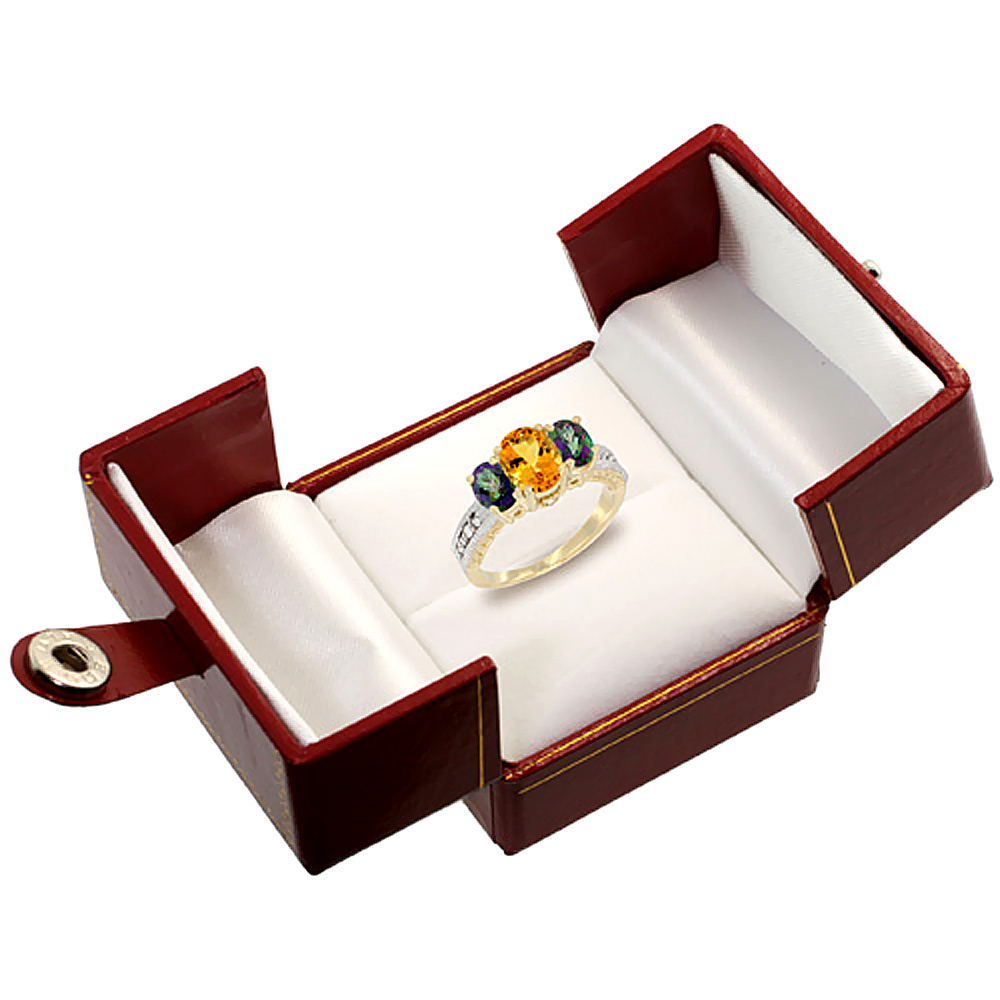 Sabrina Silver 14K Yellow Gold Diamond Natural Citrine Ring Oval 3-stone with Mystic Topaz, sizes 5 - 10