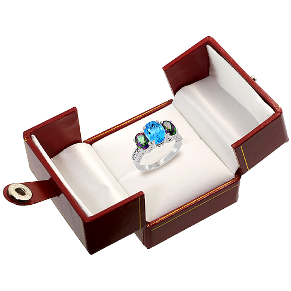 Sabrina Silver 10K White Gold Diamond Natural Swiss Blue Topaz Ring 3-Stone Oval 8x6mm with Mystic Topaz, sizes5-10