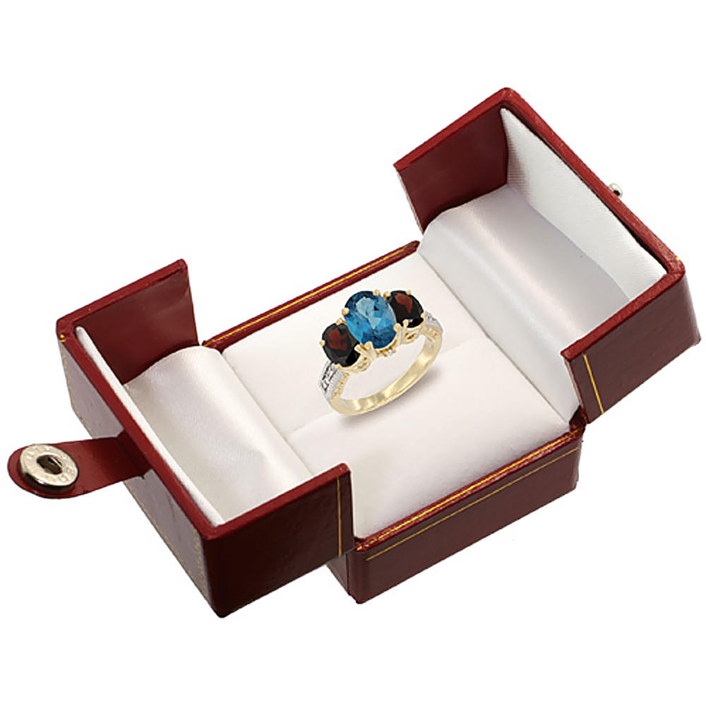 Sabrina Silver 10K Yellow Gold Diamond Natural London Blue Topaz Ring 3-Stone Oval 8x6mm with Garnet, sizes5-10