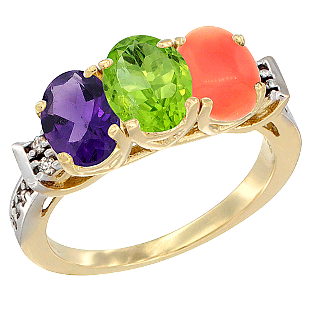 Sabrina Silver 10K Yellow Gold Natural Amethyst, Peridot & Coral Ring 3-Stone Oval 7x5 mm Diamond Accent, sizes 5 - 10