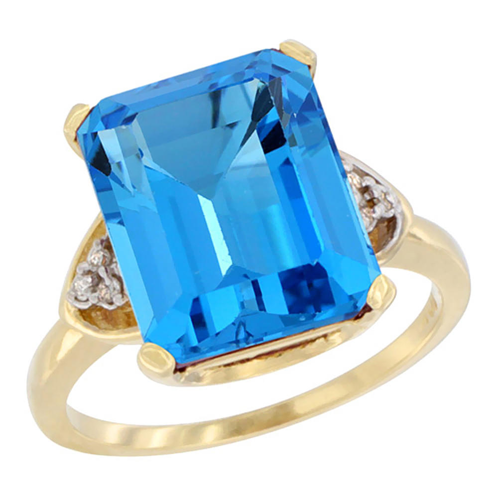 Sabrina Silver 10K Yellow Gold Diamond Genuine Blue Topaz Ring Octagon 12x10 mm sizes 5-10