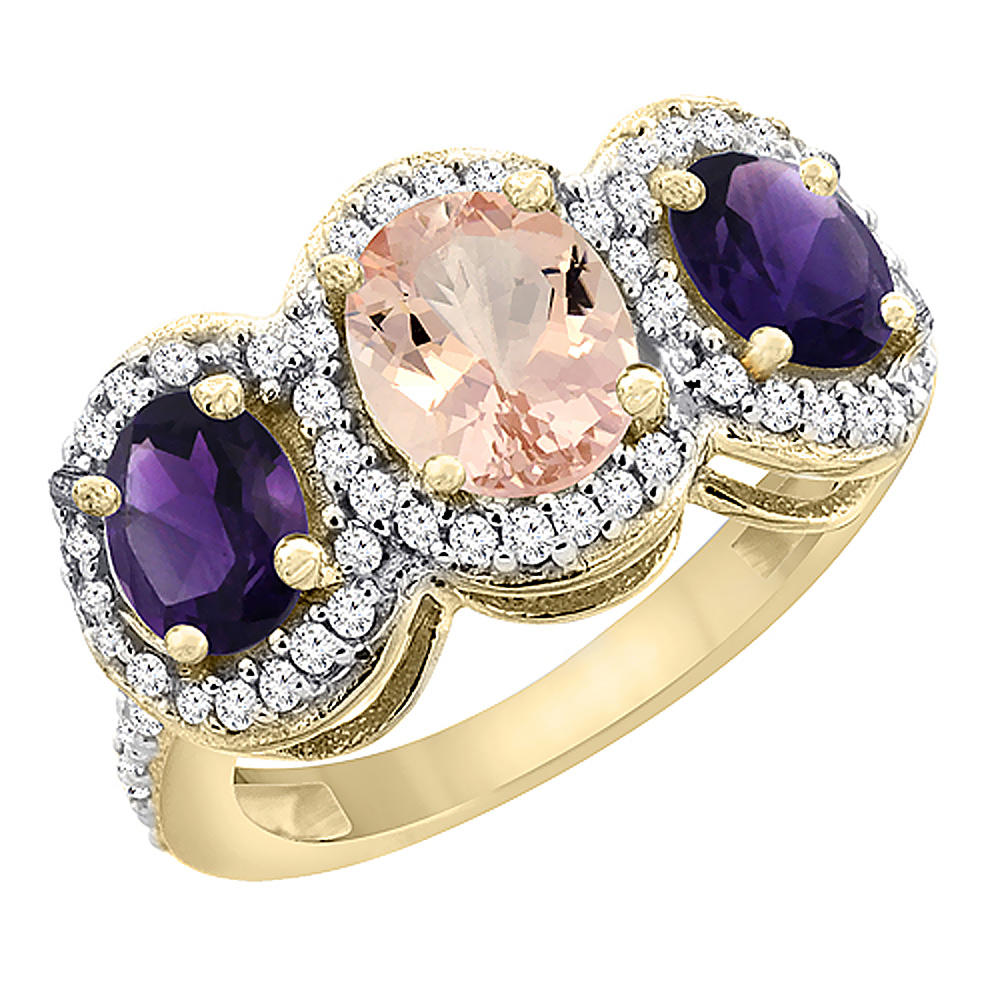 Sabrina Silver 14K Yellow Gold Natural Morganite & Amethyst 3-Stone Ring Oval Diamond Accent, sizes 5 - 10