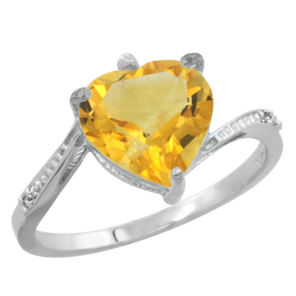 Sabrina Silver 14K White Gold Natural Citrine Ring Heart 9x9mm Diamond Accent, sizes 5-10