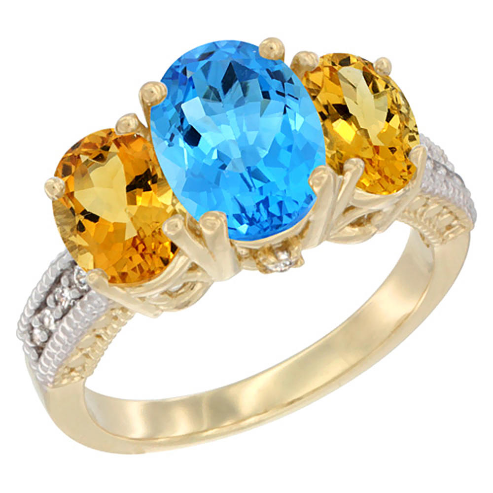 Sabrina Silver 10K Yellow Gold Diamond Natural Swiss Blue Topaz Ring 3-Stone Oval 8x6mm with Citrine, sizes5-10