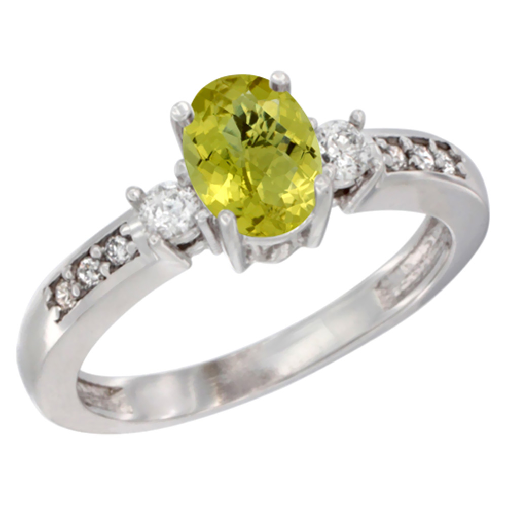 Sabrina Silver 14K White Gold Diamond Natural Lemon Quartz Engagement Ring Oval 7x5 mm, sizes 5 - 10