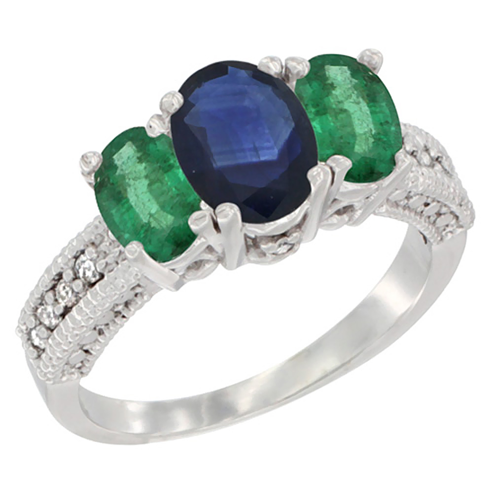 Sabrina Silver 14K White Gold Diamond Natural Blue Sapphire Ring Oval 3-stone with Emerald, sizes 5 - 10