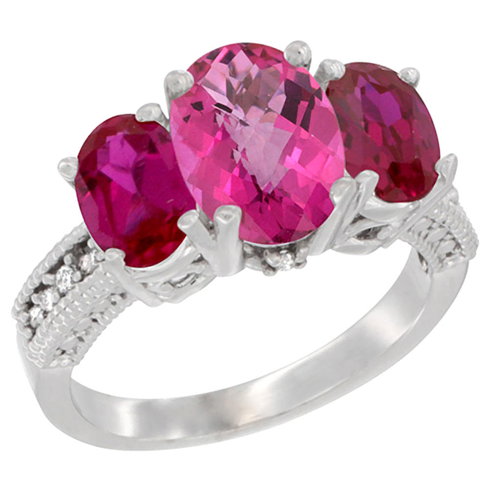Sabrina Silver 14K White Gold Diamond Natural Pink Topaz Ring 3-Stone Oval 8x6mm with Ruby, sizes5-10