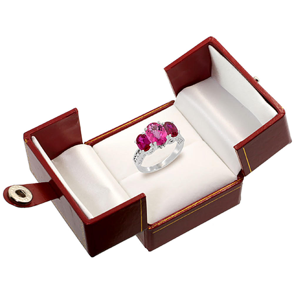 Sabrina Silver 14K White Gold Diamond Natural Pink Topaz Ring 3-Stone Oval 8x6mm with Ruby, sizes5-10