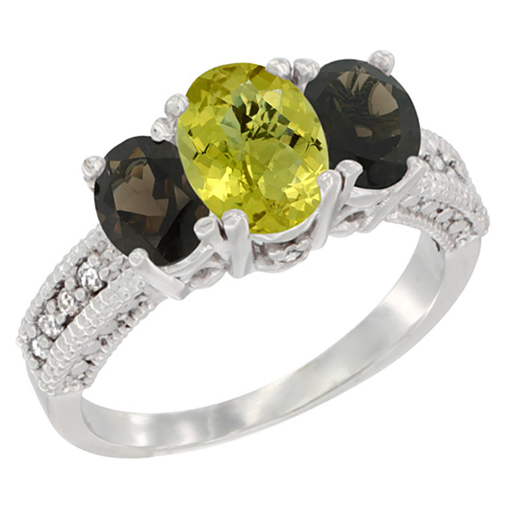 Sabrina Silver 14K White Gold Diamond Natural Lemon Quartz Ring Oval 3-stone with Smoky Topaz, sizes 5 - 10