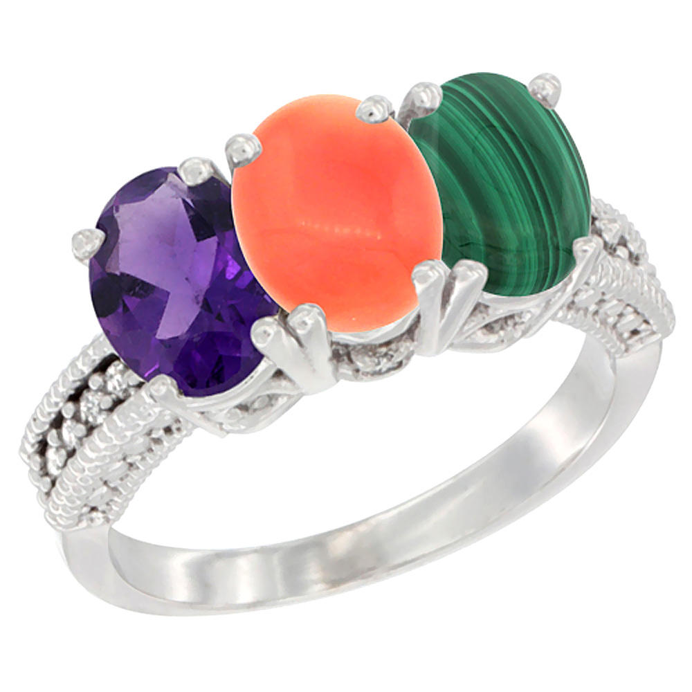 Sabrina Silver 10K White Gold Natural Amethyst, Coral & Malachite Ring 3-Stone Oval 7x5 mm Diamond Accent, sizes 5 - 10