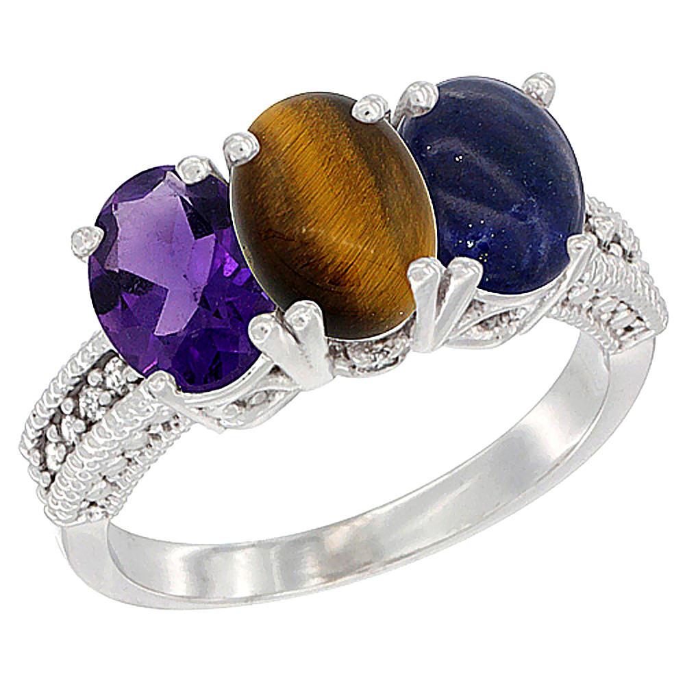 Sabrina Silver 10K White Gold Natural Amethyst, Tiger Eye & Lapis Ring 3-Stone Oval 7x5 mm Diamond Accent, sizes 5 - 10