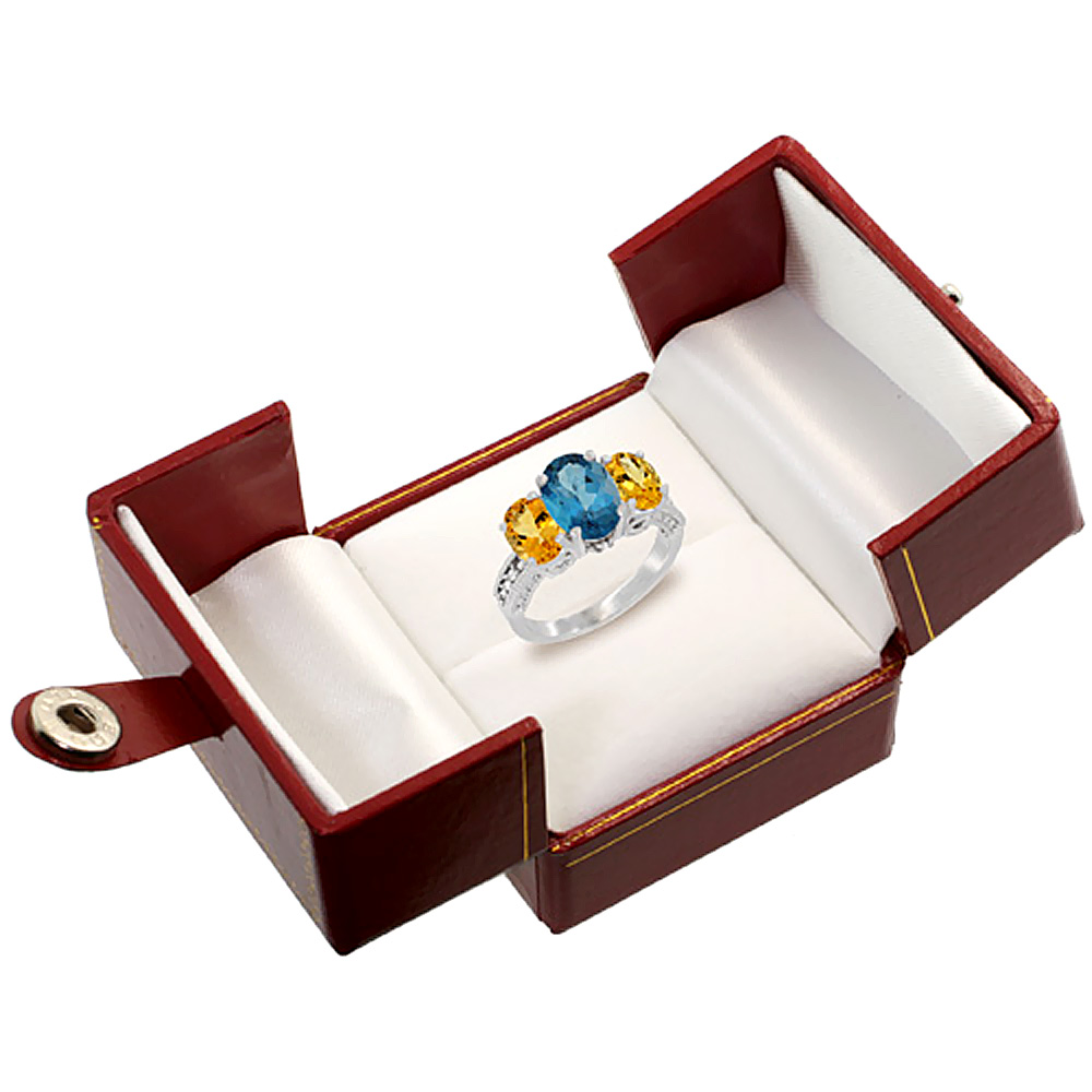 Sabrina Silver 14K White Gold Diamond Natural London Blue Topaz Ring 3-Stone Oval 8x6mm with Citrine, sizes5-10