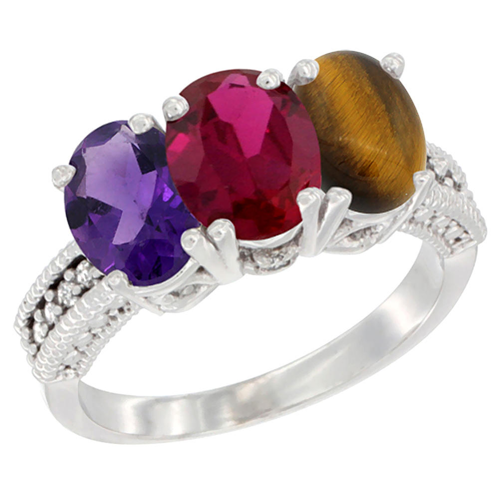 Sabrina Silver 10K White Gold Natural Amethyst, Enhanced Ruby & Natural Tiger Eye Ring 3-Stone Oval 7x5 mm Diamond Accent, sizes 5 - 10