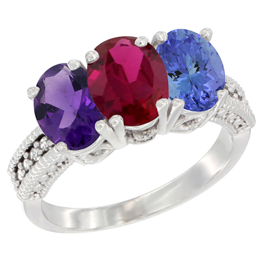 Sabrina Silver 10K White Gold Natural Amethyst, Enhanced Ruby & Natural Tanzanite Ring 3-Stone Oval 7x5 mm Diamond Accent, sizes 5 - 10