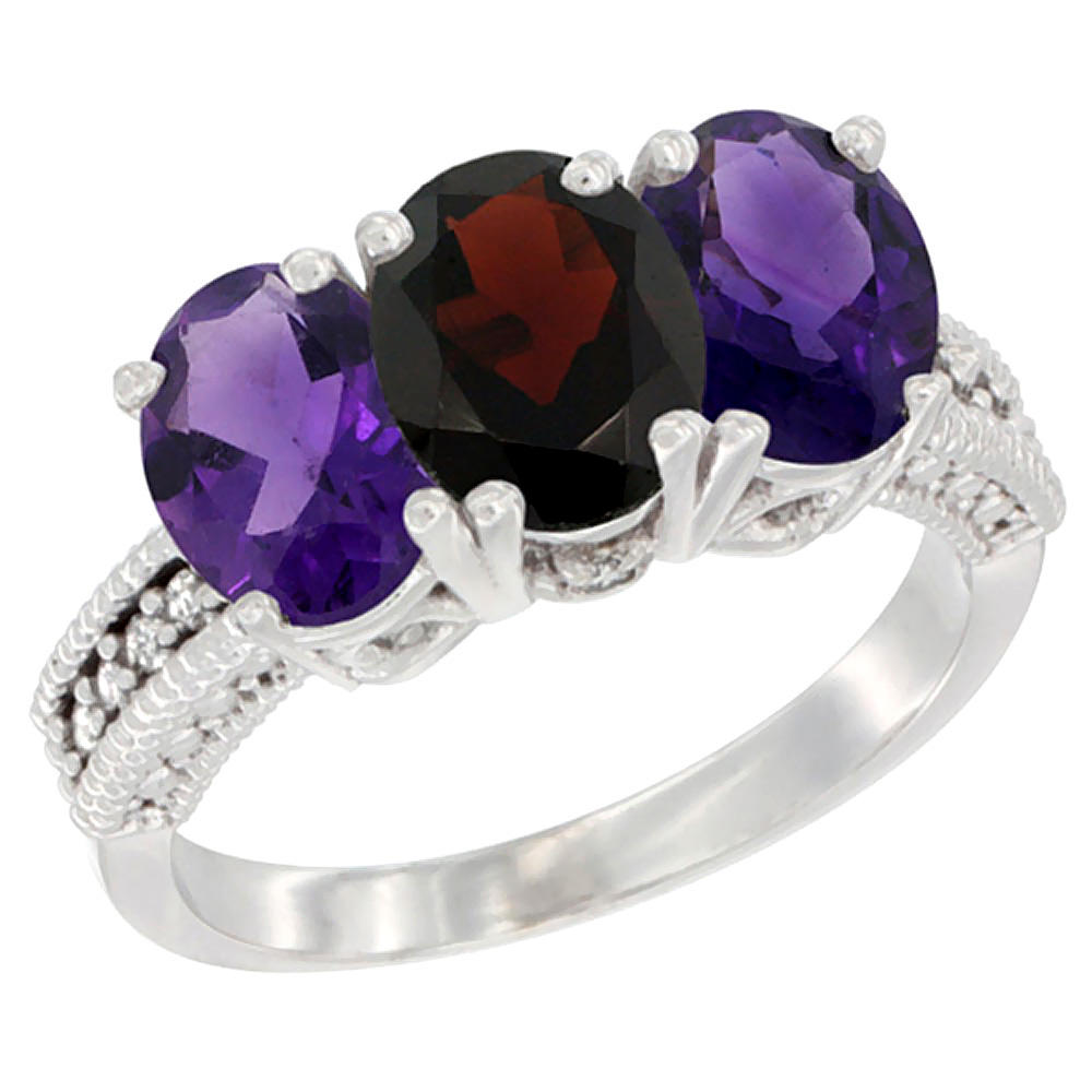 Sabrina Silver 10K White Gold Natural Garnet & Amethyst Sides Ring 3-Stone Oval 7x5 mm Diamond Accent, sizes 5 - 10