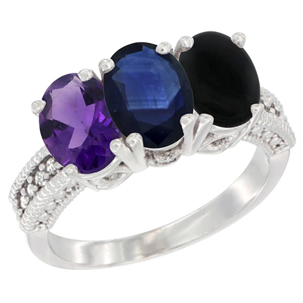Sabrina Silver 10K White Gold Natural Amethyst, Blue Sapphire & Black Onyx Ring 3-Stone Oval 7x5 mm Diamond Accent, sizes 5 - 10