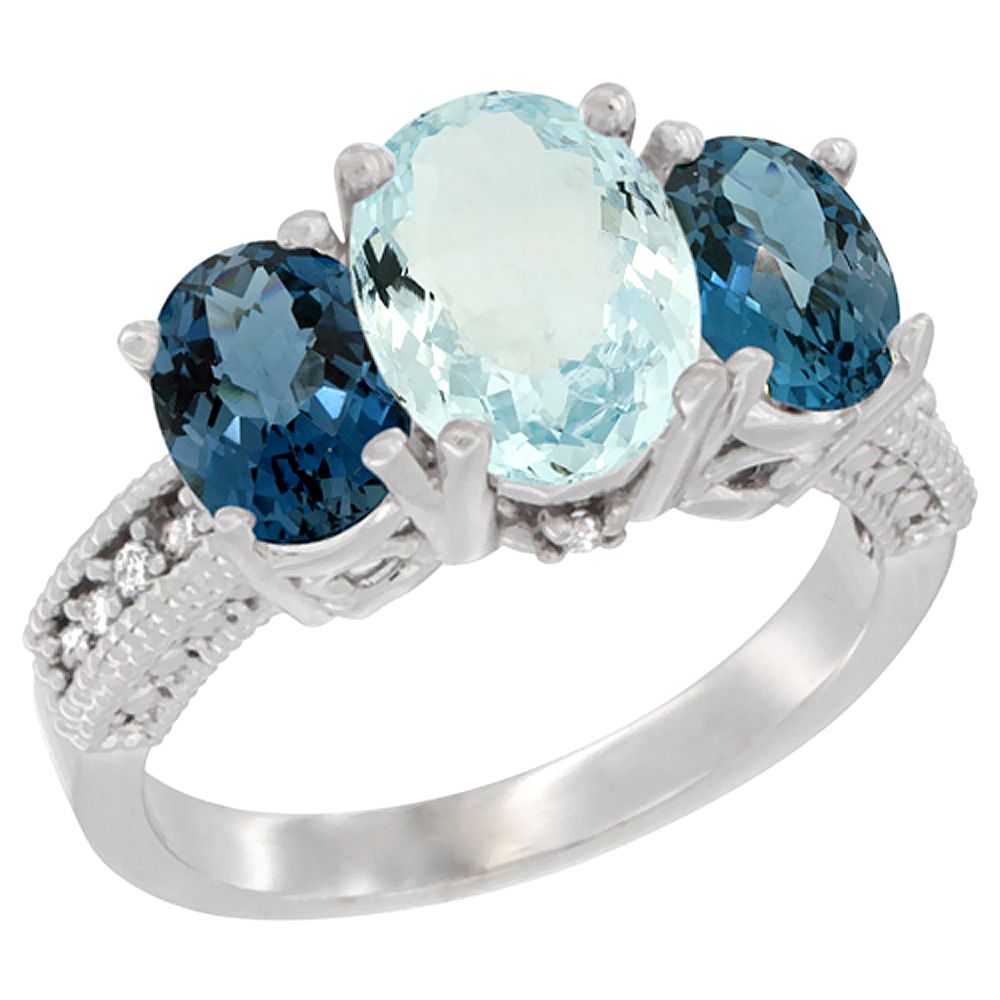 Sabrina Silver 14K White Gold Diamond Natural Aquamarine Ring 3-Stone Oval 8x6mm with London Blue Topaz, sizes5-10